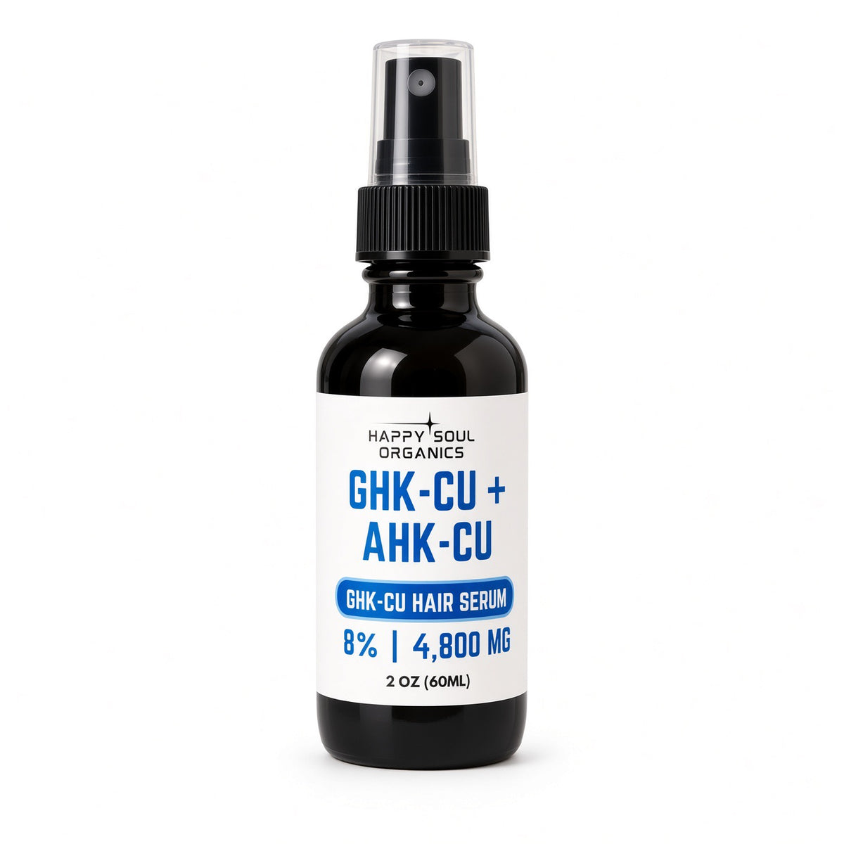 A 2 oz black glass spray bottle of Happy Soul Organics GHK-CU + AHK-CU Hair Serum with a white label and blue text, set against a plain white background.